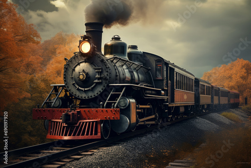 Photo of a vintage train locomotive on tracks. Generative AI