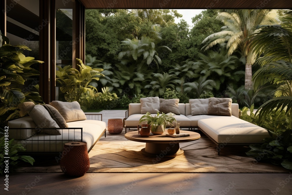 A contemporary outdoor lounge area with designer furniture, surrounded by lush greenery, creating a stylish and relaxing retreat in a modern backyard.