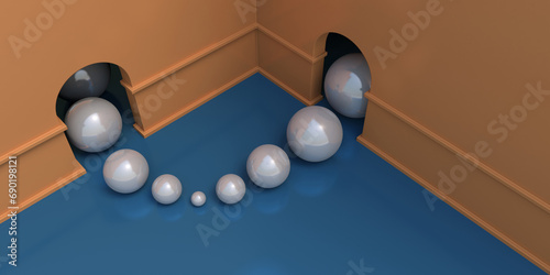 Pearl grains, pearls of different sizes, leave one door and go towards the other.