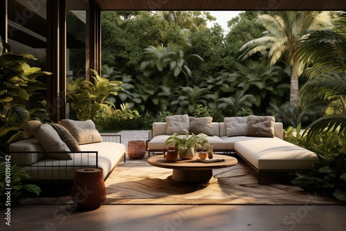 A contemporary outdoor lounge area with designer furniture, surrounded by lush greenery, creating a stylish and relaxing retreat in a modern backyard.