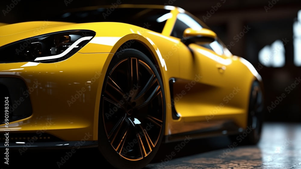 Fototapeta premium Closeup on front of generic and unbranded car A super yellow sports car background wallpaper illustration