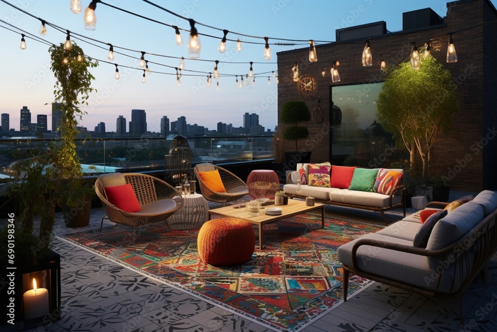 A contemporary rooftop terrace with modern outdoor furniture, the floor featuring a 3D intricate, colorful Aztec pattern, string lights creating a cozy ambiance