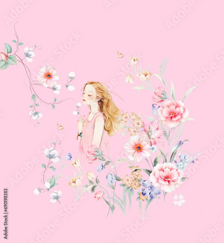 flower, illustration, nature, blossom, design, floral, spring, symbol, background, watercolor, people, girl, female, drawing, romantic, beautiful, summer, young, woman, pink, hand drawn, sketch, lady,