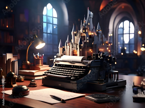 Animated fantasy writer workplace with a typewriter and paper castle. Fortress of an imagination. Creative writing concept. Ultra detailed.