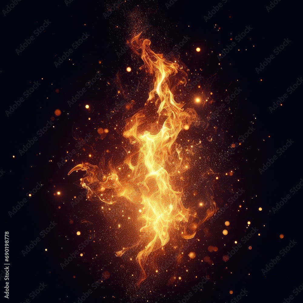 fire flames with glowing particles isolated on black background