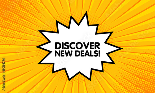Discover new deals sign. Flat, yellow, explosion shaped sign, discover new deals sign. Vector icon