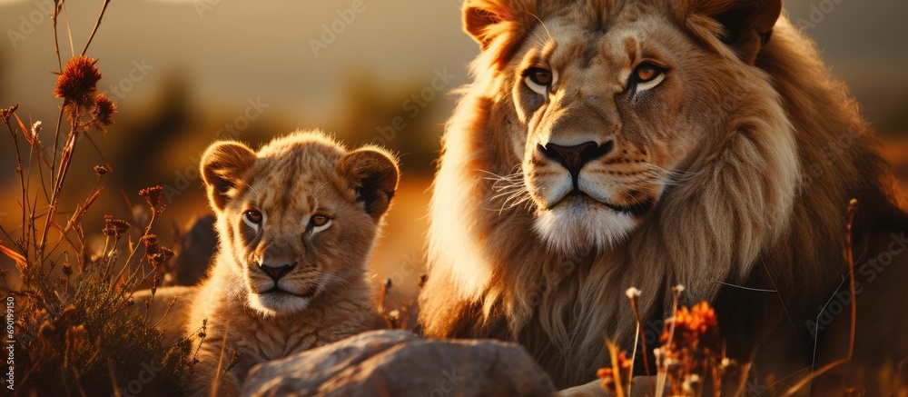 Adult lion with cub lying on a hill - obrazy, fototapety, plakaty 