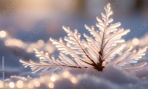 A wintry wonderland encircles an enchanted Christmas tree sparkling with ice crystals.