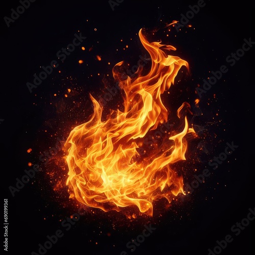 fire flames with glowing particles isolated on black background