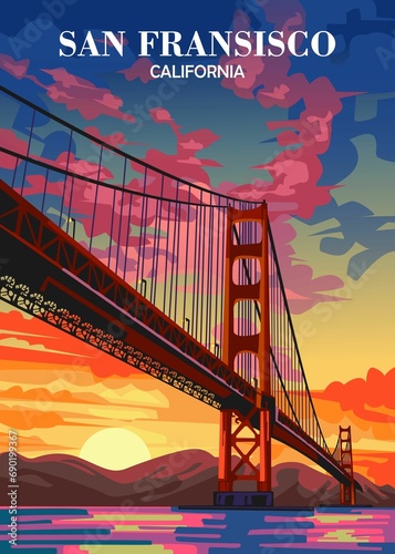 Travel Poster San Fransisco California with Golden Gate Bridge background