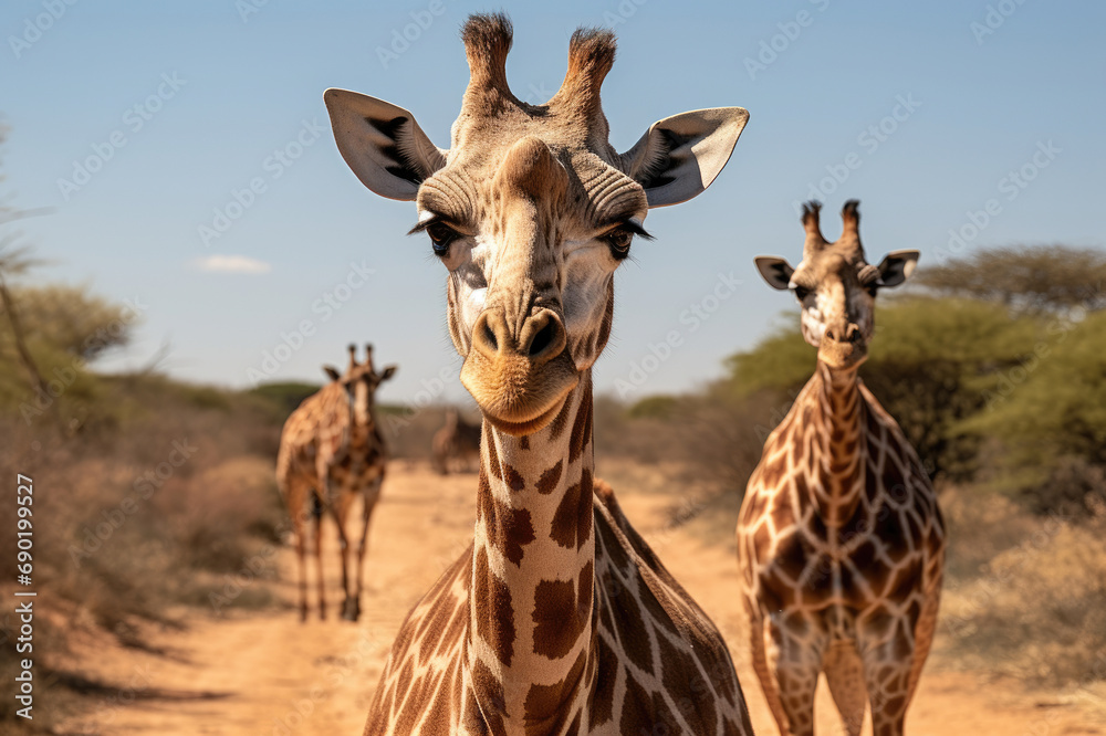 Fototapeta premium Close-up of a curious giraffe with two others in the background, trekking through a sunlit African savannah.