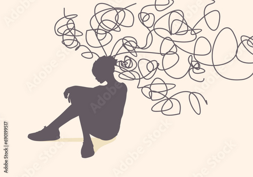 Psychotherapy, stress and psychosis. Young woman with a tangled nerves, scribbles symbolizing a depressed state of a person. Psychological help. Personality disorder and depression