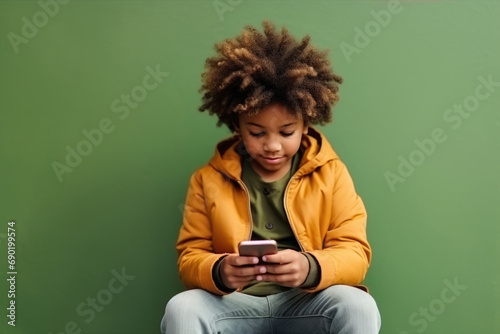 Young black child boy focused on using a mobile phone while sitting