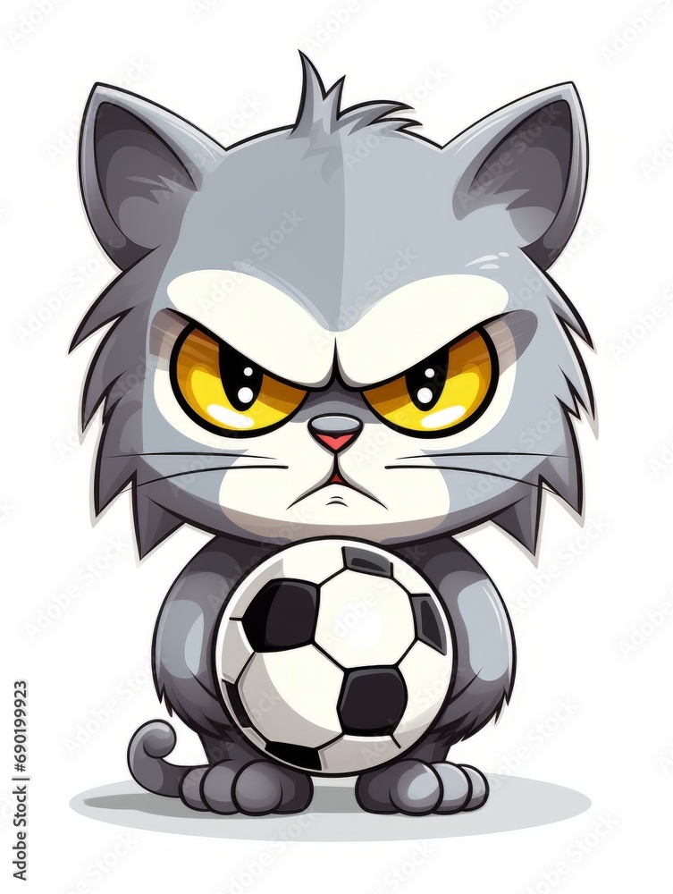 Cartoon sticker angry kitten football player with a soccer ball, AI