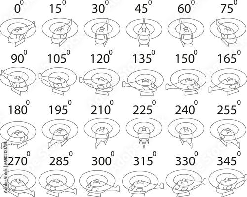A set of 24 helicopters in outline from different angles. Rotation of the helicopter in flight by 15 degrees for animation.  