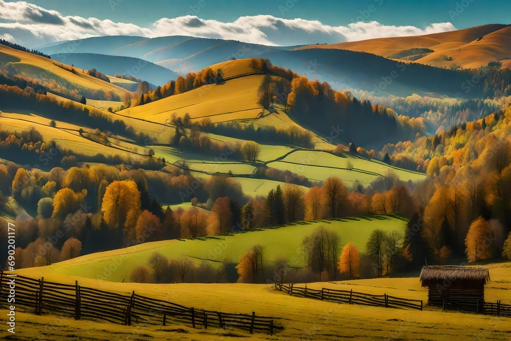 rural area of carpathian mountains in autumn. wonderful panorama of borzhava mountains is dappied light observed from podobovets village. agricultural - obrazy, fototapety, plakaty 