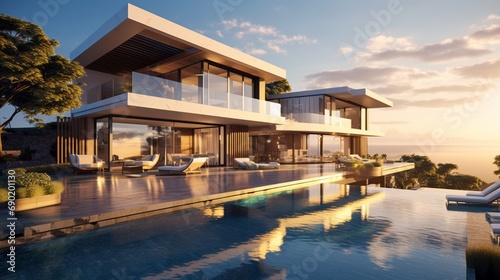 Sun-drenched facade of a luxurious modern villa with reflective glass windows and a shimmering infinity pool stretching out to the horizon.