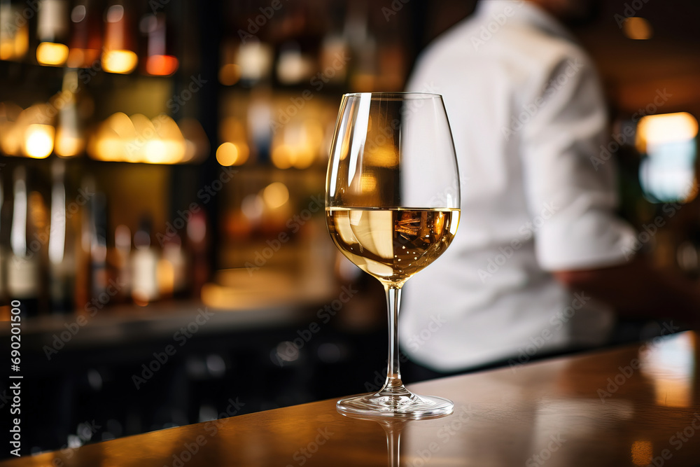 close up of a glas of white wine with blurred Bartender and bar in the back with empty copy space