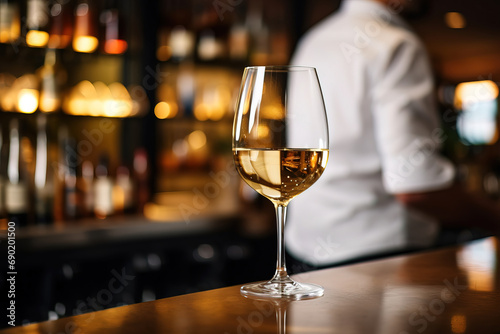 close up of a glas of white wine with blurred Bartender and bar in the back with empty copy space