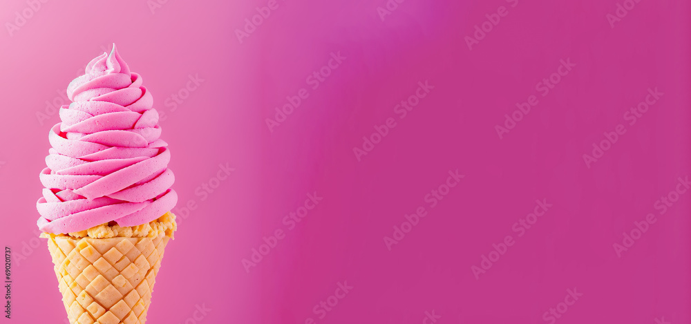 Ice cream on pink background with copy space, banner with free space. Generative AI