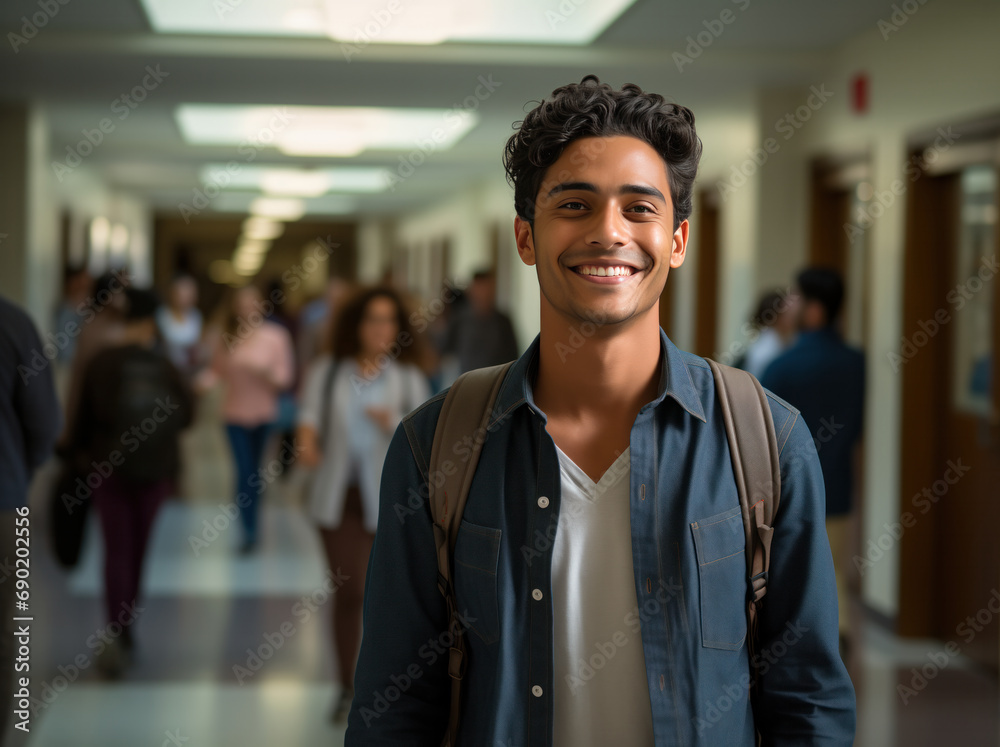 A smiling male student standing in a school hallway A smiling male student standing in a school hallway