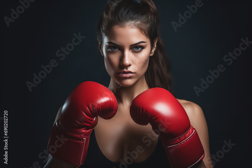 Portrait of a gorgeous woman with boxing gloves. Self defence and sports concpet. High quality photo