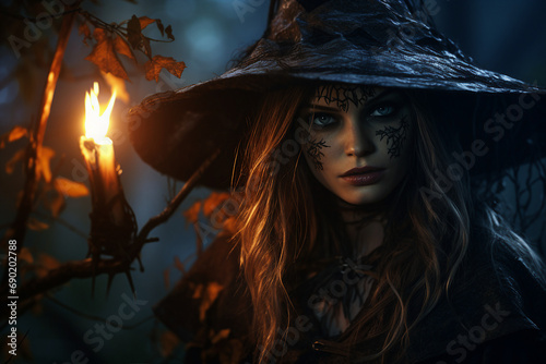 AI generated image of beautiful character witch with fire spell on halloween night
