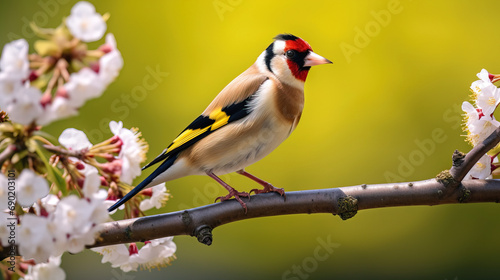goldfinch perched on branch of green tree photo