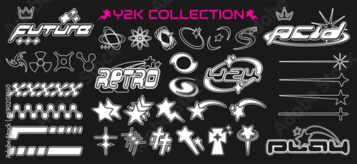  Set of Y2K abstract brutalism symbols and elements on a black background. Templates for logo, icon, notes, posters, banners, stickers, business cards. Vector illustration