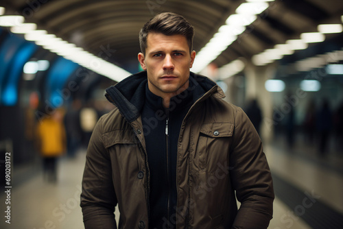 Confident man standing in subway station generative AI technology