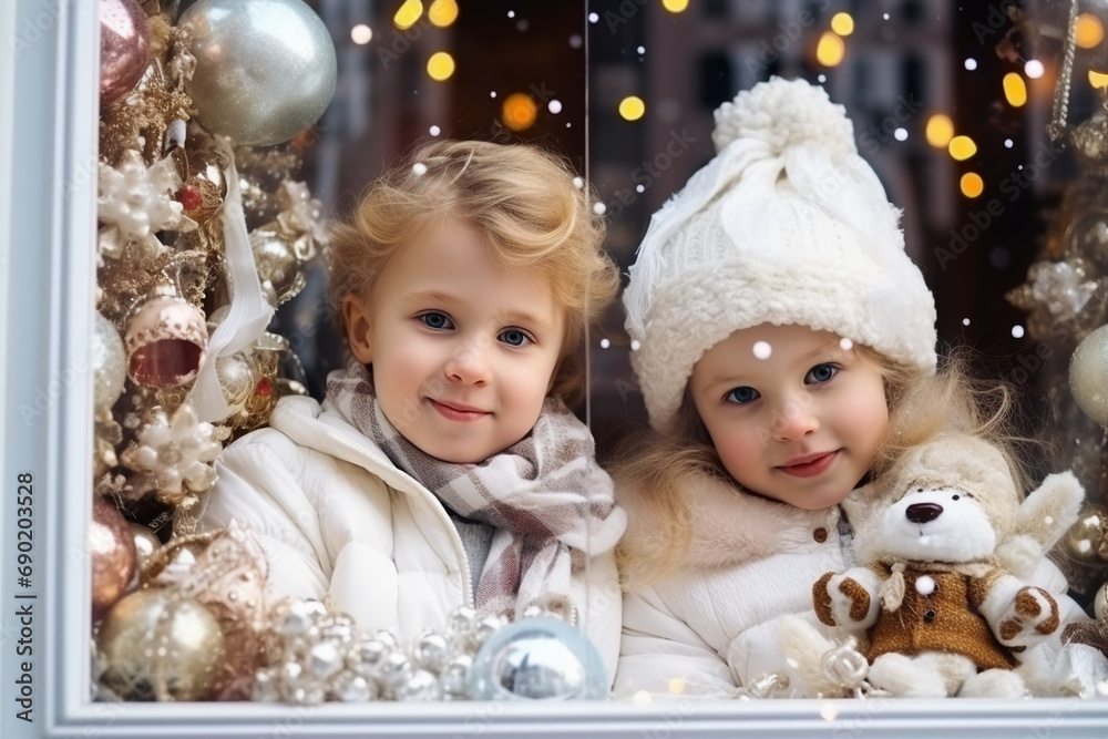 Generative ai portrait image of funny joyful child walking in city square christmas time Generative ai portrait image of funny joyful child walking in city square christmas time