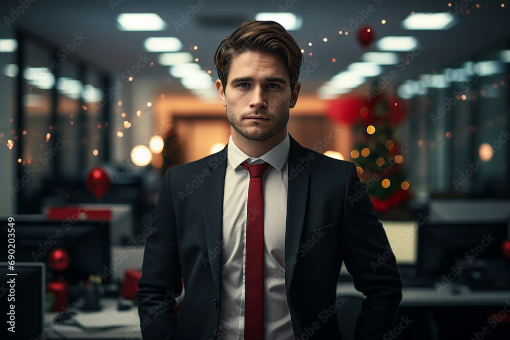 Fototapeta premium Excited young business woman man people in modern office on Christmas day created with ai generative