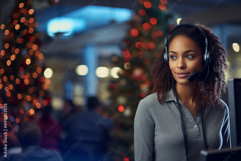 Excited young business woman man people in modern office on Christmas day created with ai generative