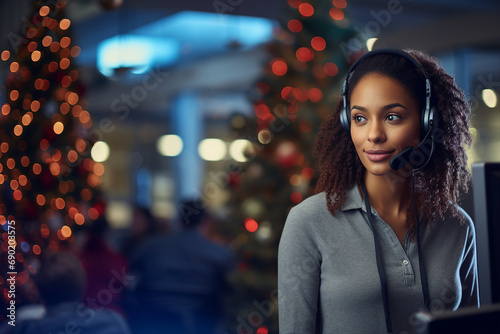 Excited young business woman man people in modern office on Christmas day created with ai generative