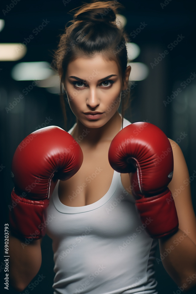 Portrait of a gorgeous woman with boxing gloves. Self defence and sports concpet. High quality photo