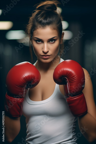 Portrait of a gorgeous woman with boxing gloves. Self defence and sports concpet. High quality photo © Starmarpro