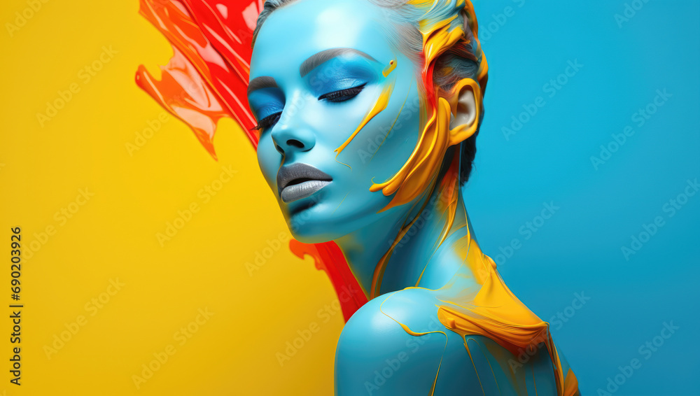 Elegant profile of a blue-skinned lady with flowing yellow paint, set against a dynamic red and blue backdrop. Elegant profile of a blue-skinned lady with flowing yellow paint, set against a dynamic red and blue backdrop.