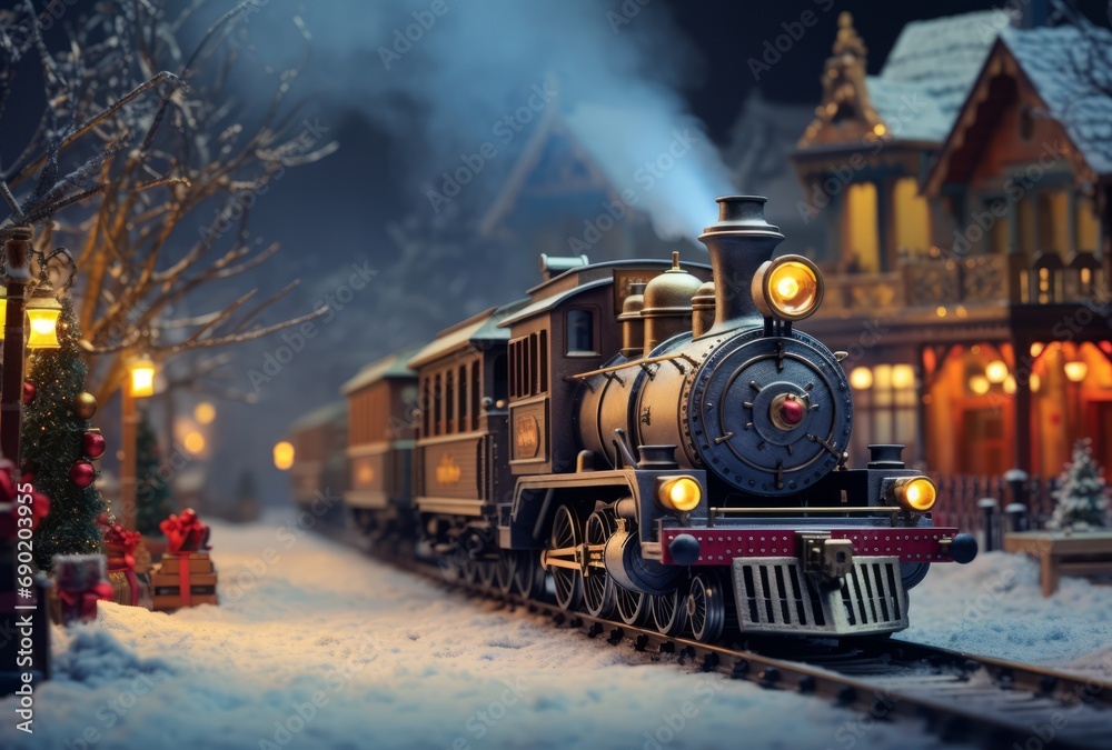 toy train is traveling down a track and passing a small christmas town toy train is traveling down a track and passing a small christmas town