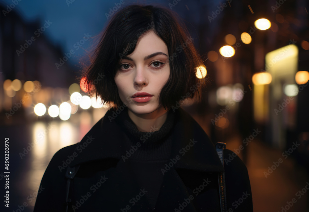 Elegant woman with short hair in a black coat at night, city lights creating a bokeh effect behind her. Elegant woman with short hair in a black coat at night, city lights creating a bokeh effect behind her.