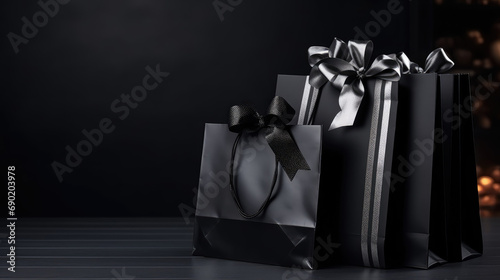 Black paper shopping bag with silver bow gift ribbon isolated on black background with copy space, banner template sale, discount day, shopping friday time.