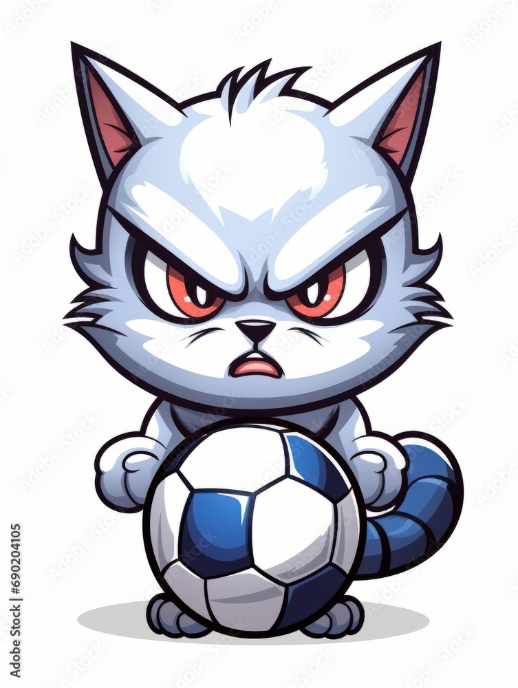 Cartoon sticker angry kitten football player with a soccer ball, AI
