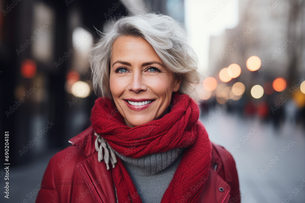 Generative AI portrait of attractive elderly woman standing over new year decorations snowy city winter fair