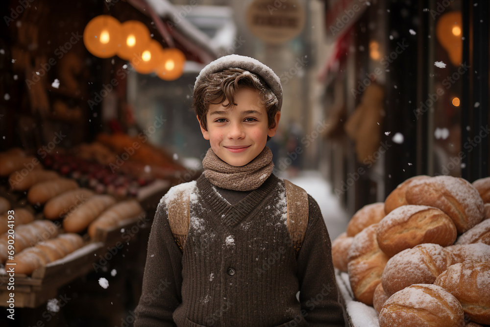 AI generated portrait of cheerful glad child walking in the winter city AI generated portrait of cheerful glad child walking in the winter city