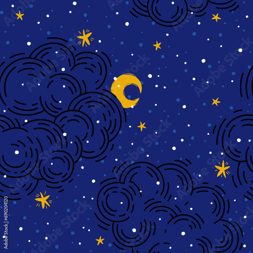 dark sky with clouds stars and moon seamless pattern