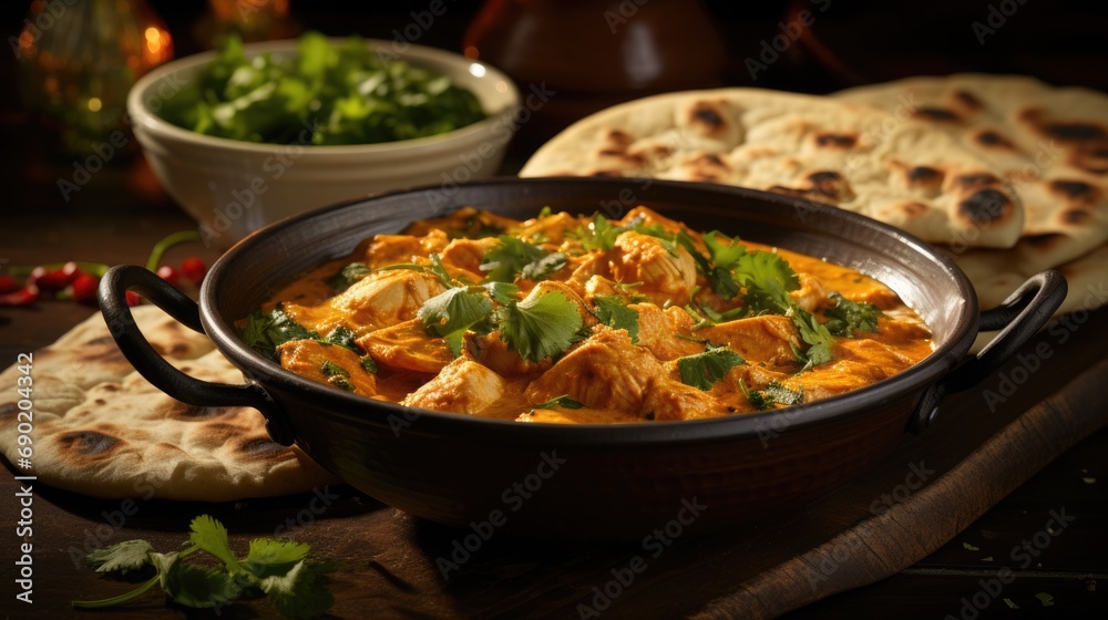 National Curried Chicken Day: A steaming bowl of curried chicken garnished with coriander on a dining table, with naan bread on the side