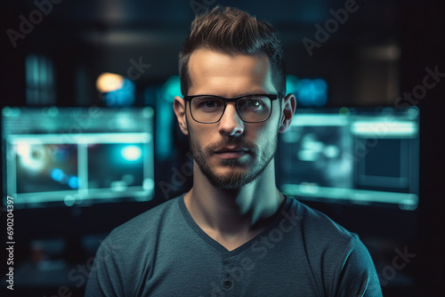 Generative AI conceptual portrait of successful business person man woman hacker programmer in office