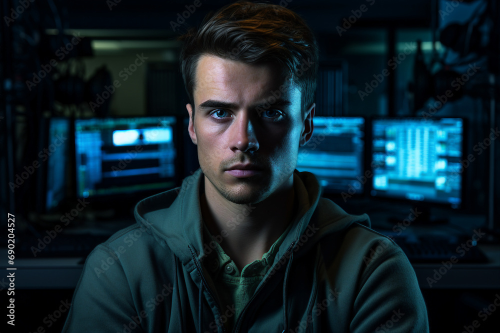 Generative AI portrait of cyberpunk system administrator programmer hacker person Generative AI portrait of cyberpunk system administrator programmer hacker person