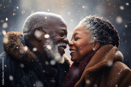 Romantic winter honeymoon snowy day mature couple spending together AI generated image photo