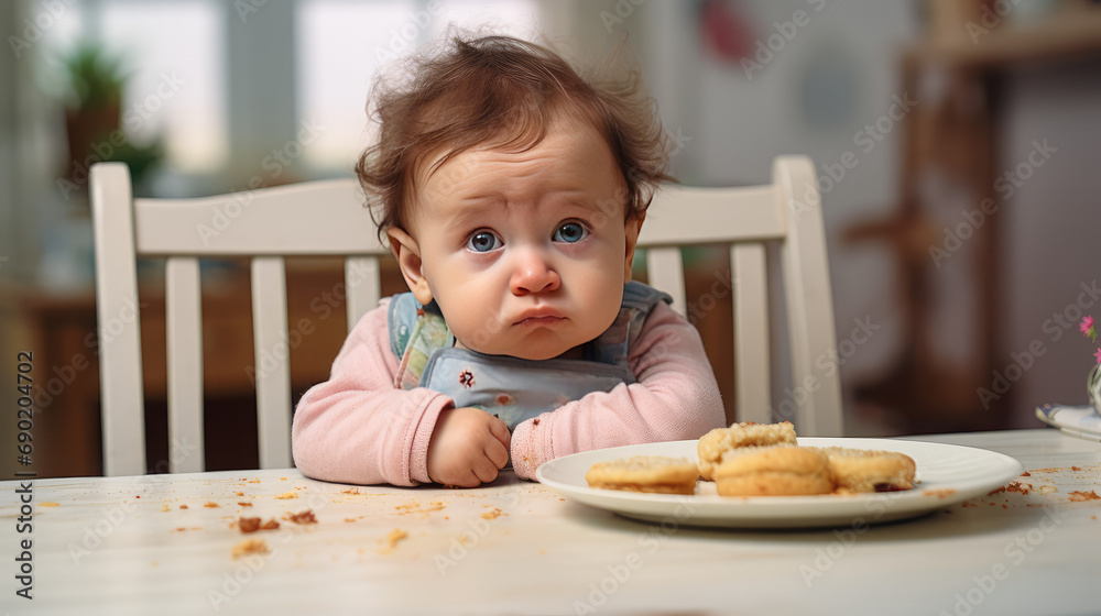 Sad little sick baby sitting at the dinner table doesn't want to eat. Feeding a sick child, crankiness, lack of appetite. Sad little sick baby sitting at the dinner table doesn't want to eat. Feeding a sick child, crankiness, lack of appetite.