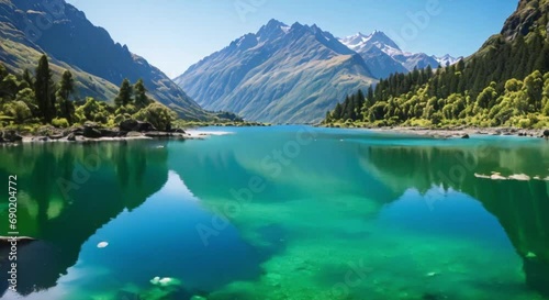 lake with blue water at the foot of the mountain footage photo